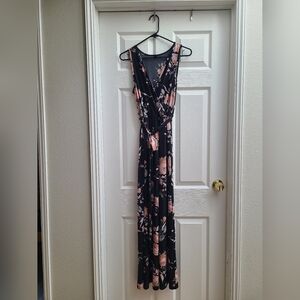 Elegant Floral Maxi Dress - Black and Pink